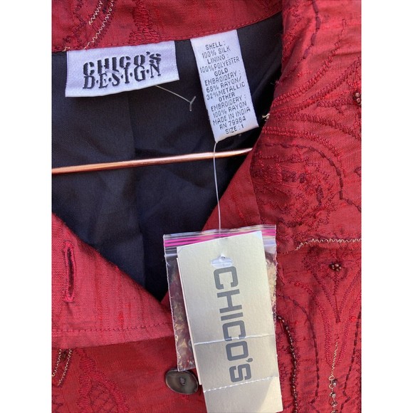 VNTG Chico's Design Medium/1 Red Pure Silk Jacket Abstract Beaded Embroidery NWT - Picture 7 of 11